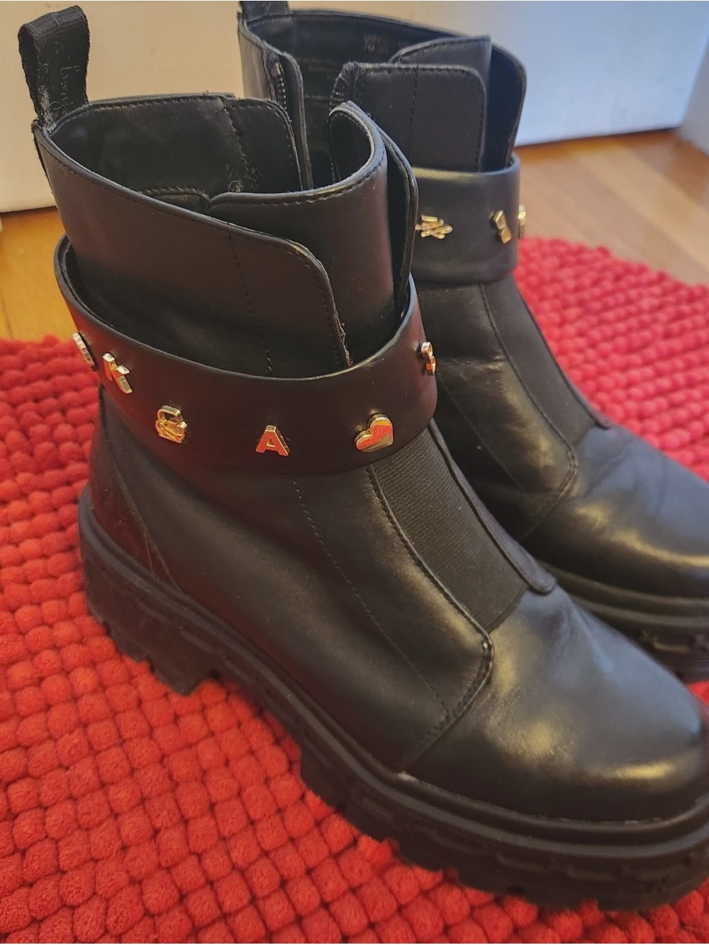 Black Leather Chunky Ankle Boots with Gold Charms